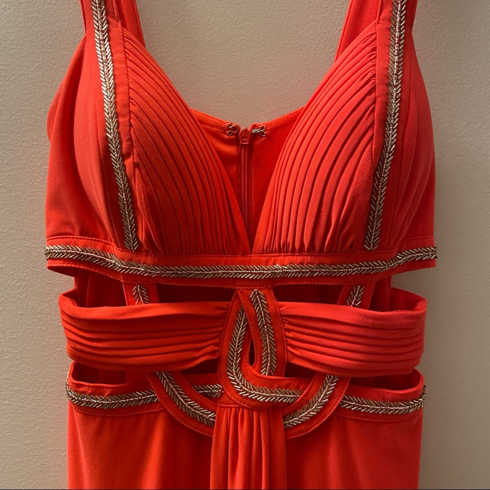 Betsy & Adam Neon Coral Cutout Beaded Prom Dress - Picture 3 of 7